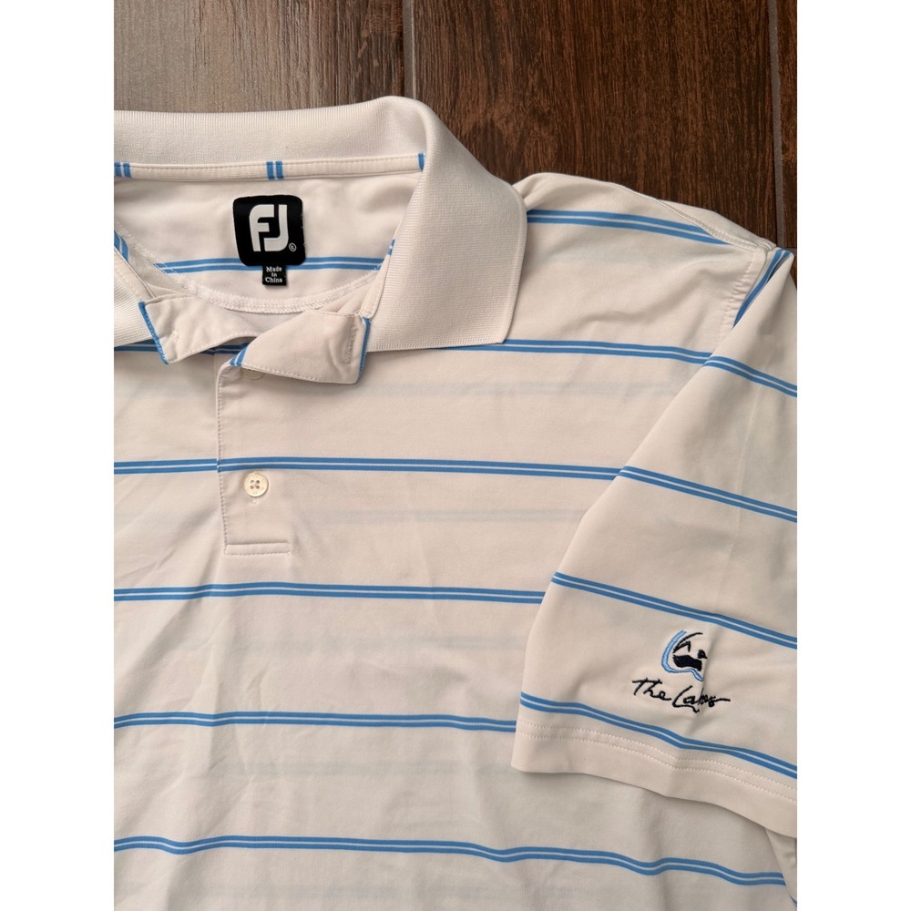 FootJoy Mens XL Striped Golf Polo Shirt White Blue The Lakes Logo Performance - Picture 2 of 4